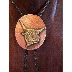 Vintage Southwestern Copper Bolo Tie with Bull on Leather Cord